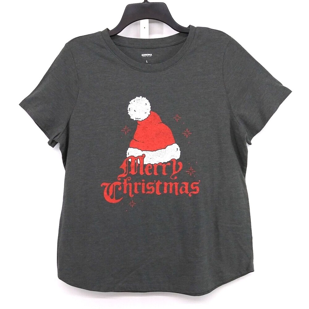 Sonoma Shirt Womens Size L Gray Merry Christmas Santa Hat Short Sleeve Top